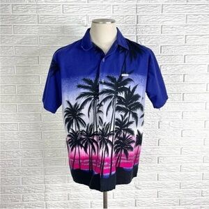 Purple and Blue Casual Button Down Shirt with Tropical Design